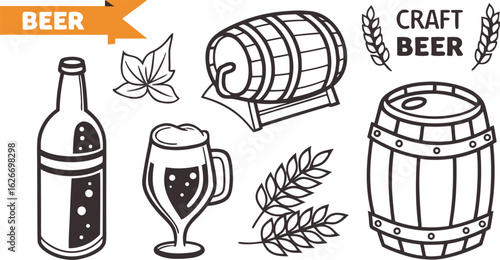 Beer sketch set. Flat vector drink is sitting in glass with ice, citrus slices, garnishes on transparent background. a detailed vintage-style vector illustration of assorted cocktail and drink glasses
