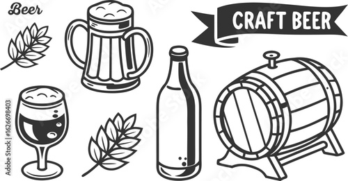 Beer sketch set. Flat vector drink is sitting in glass with ice, citrus slices, garnishes on transparent background. a detailed vintage-style vector illustration of assorted cocktail and drink glasses