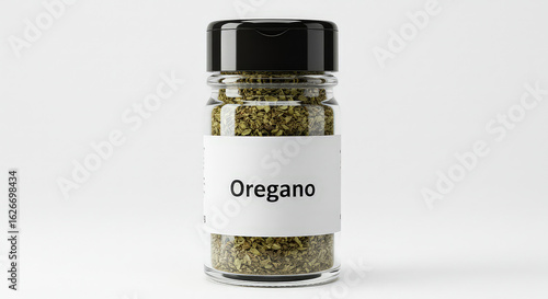 Isolated oregano spice jar with white label on neutral background