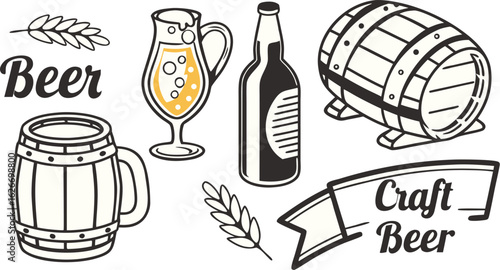 Beer sketch set. Flat vector drink is sitting in glass with ice, citrus slices, garnishes on transparent background. a detailed vintage-style vector illustration of assorted cocktail and drink glasses