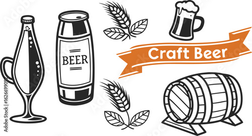 Beer sketch set. Flat vector drink is sitting in glass with ice, citrus slices, garnishes on transparent background. a detailed vintage-style vector illustration of assorted cocktail and drink glasses