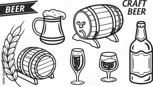 Beer sketch set. Flat vector drink is sitting in glass with ice, citrus slices, garnishes on transparent background. a detailed vintage-style vector illustration of assorted cocktail and drink glasses