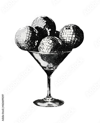 Martini glass with vintage disco balls in a stippled photocopy style. Classic retro collage for New Year's Eve, party, nightlife, punk, festive textures, urban grunge, cocktail, and celebration art