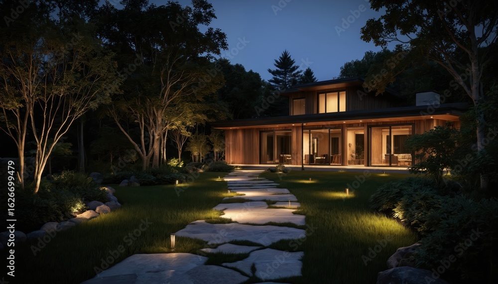 Obraz premium Modern garden pathway illuminated at night by sleek LED lights leading to contemporary house. Ambient lighting enhances tranquil evening atmosphere, architectural details of manicured lawn
