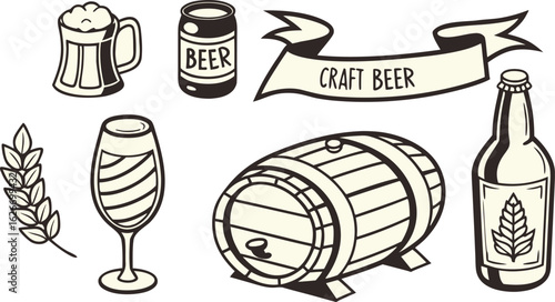 Beer sketch set. Flat vector drink is sitting in glass with ice, citrus slices, garnishes on transparent background. a detailed vintage-style vector illustration of assorted cocktail and drink glasses
