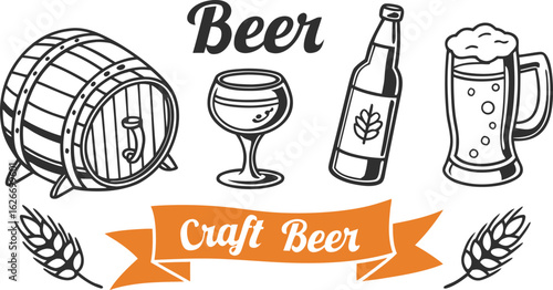 Beer sketch set. Flat vector drink is sitting in glass with ice, citrus slices, garnishes on transparent background. a detailed vintage-style vector illustration of assorted cocktail and drink glasses