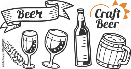 Beer sketch set. Flat vector drink is sitting in glass with ice, citrus slices, garnishes on transparent background. a detailed vintage-style vector illustration of assorted cocktail and drink glasses