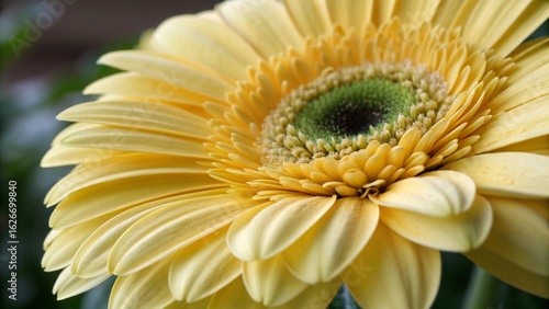 Close-up of a pale yellow gerbera daisy, soft light, delicate petals, vibrant bloom, springtime mood.
