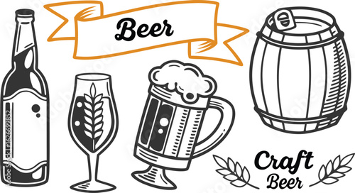 Beer sketch set. Flat vector drink is sitting in glass with ice, citrus slices, garnishes on transparent background. a detailed vintage-style vector illustration of assorted cocktail and drink glasses