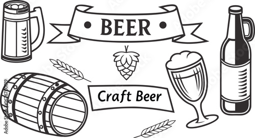 Beer sketch set. Flat vector drink is sitting in glass with ice, citrus slices, garnishes on transparent background. a detailed vintage-style vector illustration of assorted cocktail and drink glasses