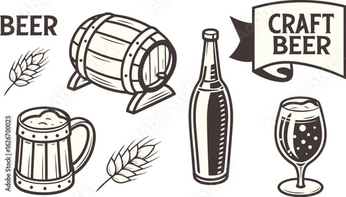 Beer sketch set. Flat vector drink is sitting in glass with ice, citrus slices, garnishes on transparent background. a detailed vintage-style vector illustration of assorted cocktail and drink glasses