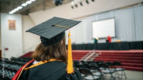 Graduate in cap and gown, rear view, hopeful mood, university graduation ceremony.
