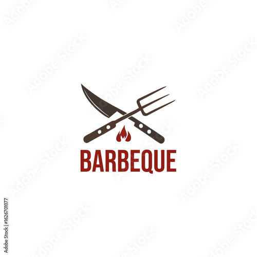 A stylized logo featuring a crossed knife and fork with flames, and the word "BARBEQUE.".