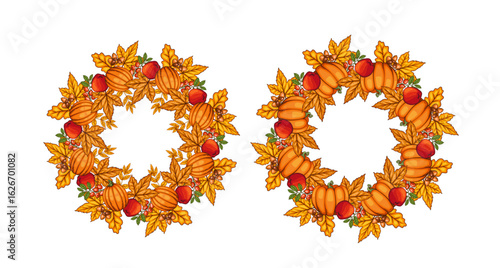 Fall wreath with leaves isolated. Fall  Background. Autumn  wreath Illustration. Fall Flower Design. Fall Botanical Wreath design. Harvest Festival  Frame. Botanical Design for harvest fest