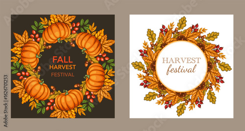 Fall Harvest Festival Banner template. Harvest Fest Poster Design. Pumpkin, Apple, Acorns and fall Greenery. Farm fresh fruits. Fall season elements for Thanksgiving Design. Fall Layout Template
