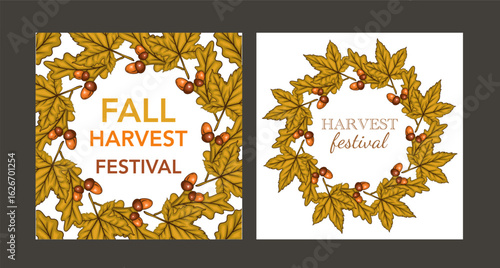 Fall Harvest Festival Banner template. Harvest Fest Poster Design. Pumpkin, Apple, Acorns and fall Greenery. Farm fresh fruits. Fall season elements for Thanksgiving Design. Fall Layout Template