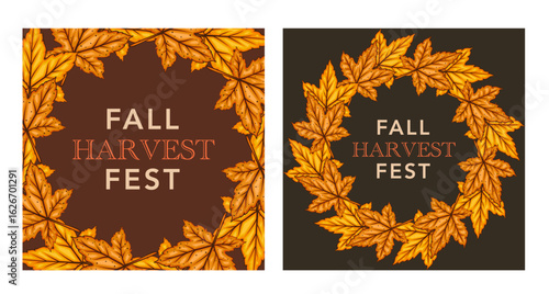 Fall Harvest Festival Banner template. Harvest Fest Poster Design. Pumpkin, Apple, Acorns and fall Greenery. Farm fresh fruits. Fall season elements for Thanksgiving Design. Fall Layout Template