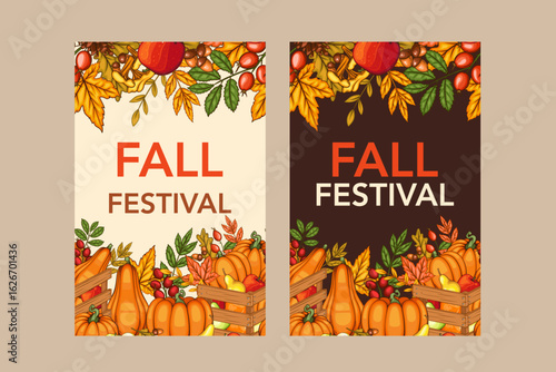Fall Harvest Festival Banner template. Harvest Fest Poster Design. Pumpkin, Apple, Acorns and fall Greenery. Farm fresh fruits. Fall season elements for Thanksgiving Design. Fall Layout Template