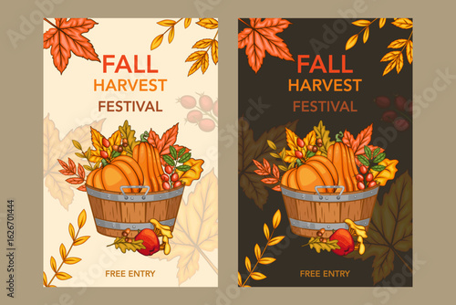 Fall Harvest Festival Banner template. Harvest Fest Poster Design. Pumpkin, Apple, Acorns and fall Greenery. Farm fresh fruits. Fall season elements for Thanksgiving Design. Fall Layout Template