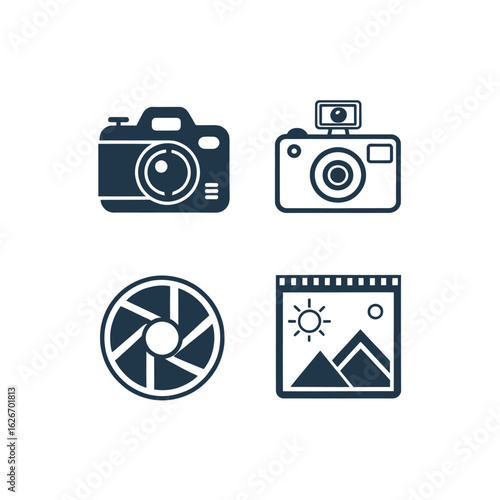 Icons representing photography, including a DSLR camera, a compact camera with flash, a camera lens aperture, and a framed landscape image.