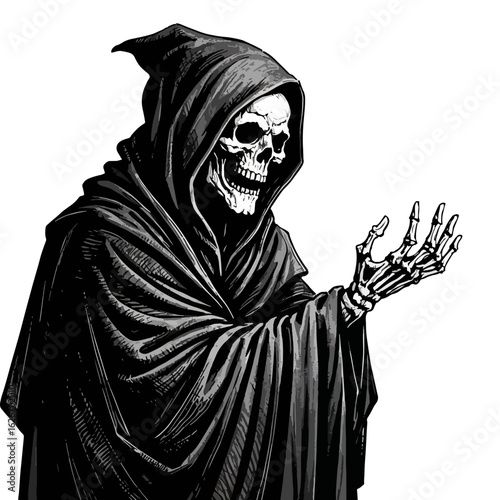 Halloween skeleton wearing a black suit with a skull and cloak in spooky fashion style