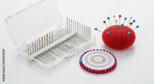 Sewing supplies overhead view of pins pincushion and pin holder
