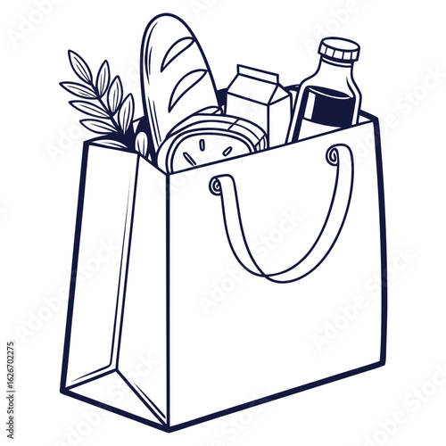 Hand drawn illustration of a grocery bag filled with food and drink