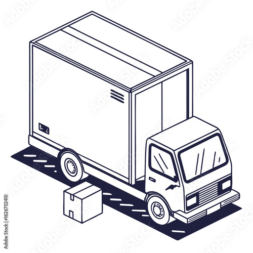 Isometric line art illustration of a delivery truck with a box