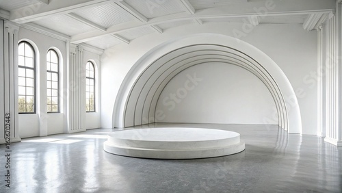 Modern Minimalist White Interior:  Circular Platform, Archways, and Large Windows.