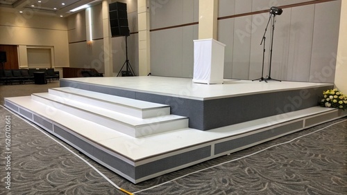 Modern Conference Stage Setup:  Elevated Platform with Podium, Microphone, and Sound System in Contemporary Event Space.