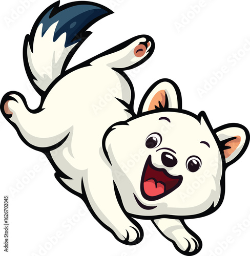Playful White Ermine Arctic animal caught mid-flip with a joyful energetic expression