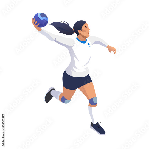 Female Handball Player Vector Illustration – Woman in Sports Action Throwing Ball – Athletic Sport Character in Uniform for Design, Posters, and Graphics

