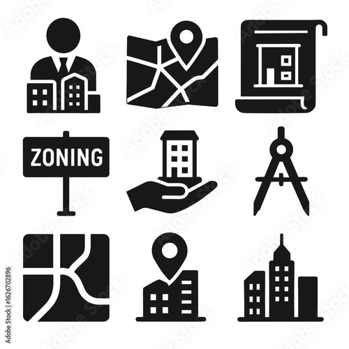 A collection of solid glyph icons representing real estate concepts, urban planning, property development, and architectural design - the urban planner profession.