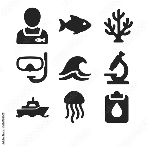 A set of black glyph icons representing marine biology, oceanography research, and aquatic science exploration concepts - the marine biologist profession.