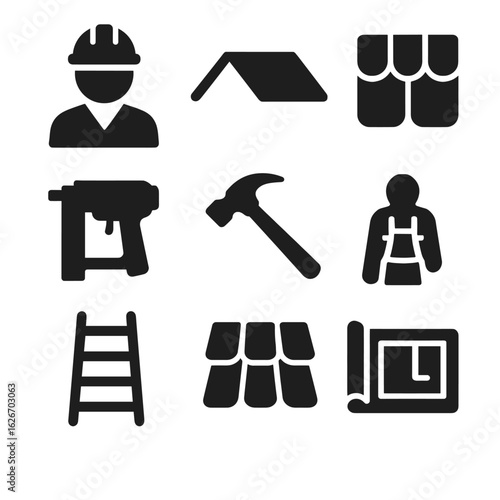 Set of black roofing and construction icons. A concept for building, repair, and home improvement services. Includes worker, tools, and materials - the roofer profession.