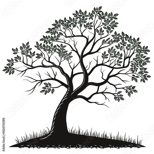 Stylized black silhouette of a tree with green leaves and grass