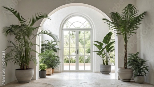 Serene Minimalist Interior: Lush Greenery, Arch Window, White Walls, Tranquil Mood