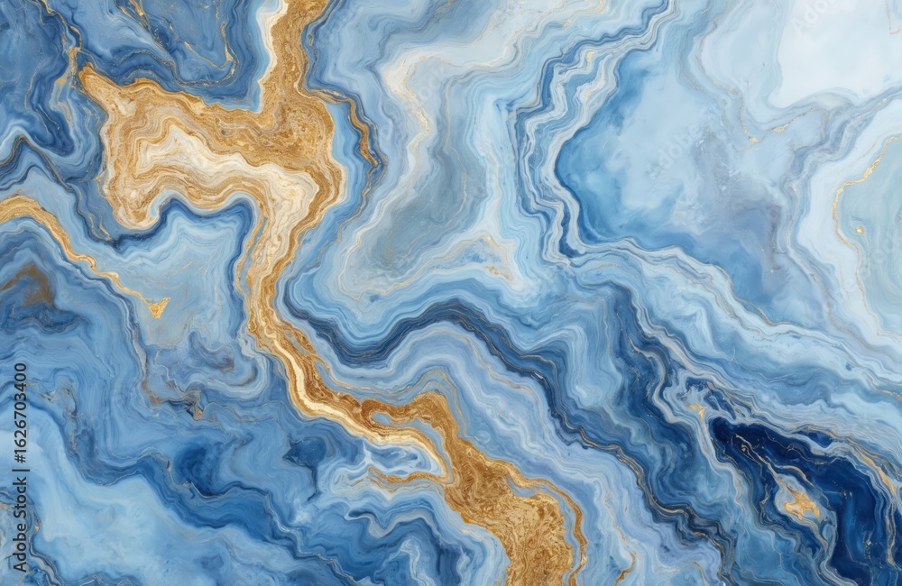 Fototapeta premium Abstract blue and gold marble texture design. Fluid art with shiny, elegant lines and swirls. Contemporary, smooth, modern background for decoration, graphic, textile, fashion inspiration.