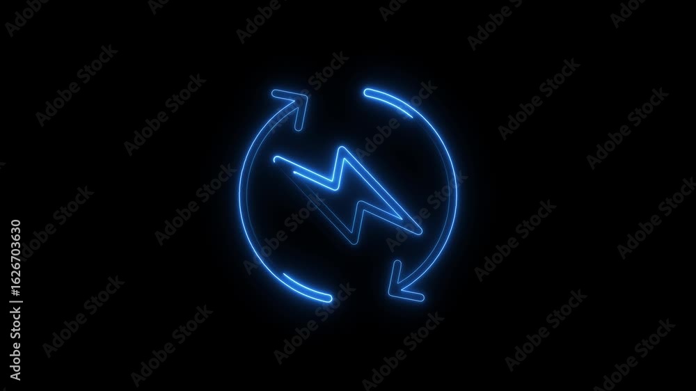 Blue Neon Lightning Bolt Inside Circular Arrows Loop Animation on Black Background Energy Blue Neon Lightning Bolt Inside Circular Arrows Loop Animation on Black Background Energy