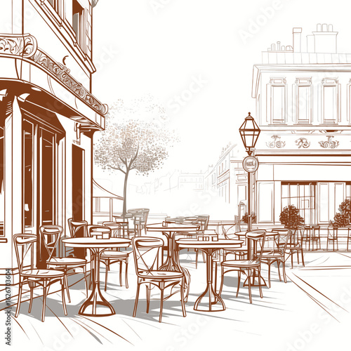 Hand-Drawn Parisian Outdoor Coffee Shop on a Sunny Day