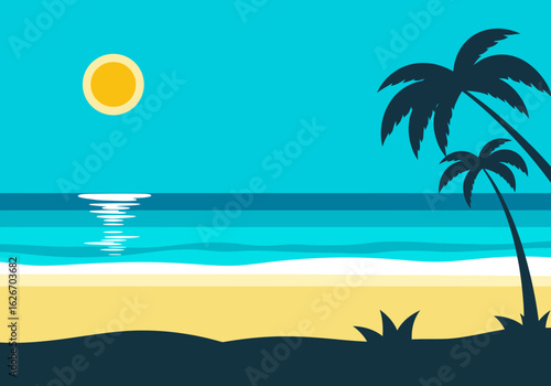 Tropical Beach Scene with Palm Trees and Sun Reflection