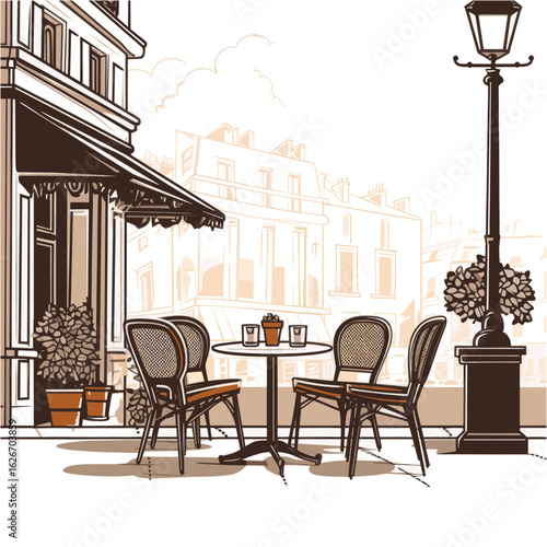 Hand-Drawn Parisian Outdoor Coffee Shop on a Sunny Day