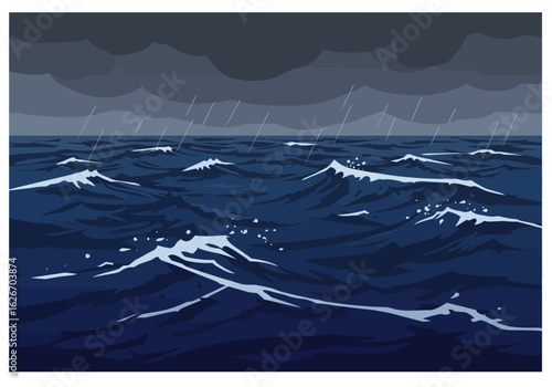 Stormy Ocean Waves with Dark Clouds and Rain Illustration