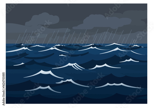Stormy Sea with Rain and Dark Clouds Illustration