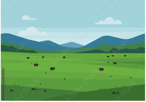 Sheep Grazing in a Green Field with Mountain Backdrop