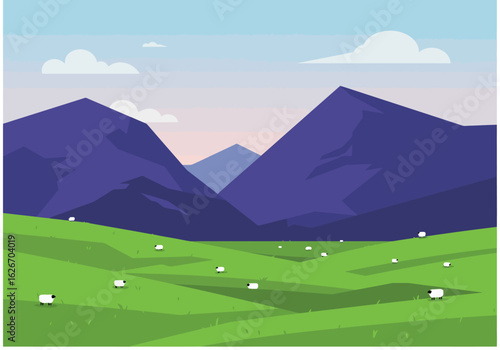 Pastoral Landscape with Sheep and Mountains Illustration