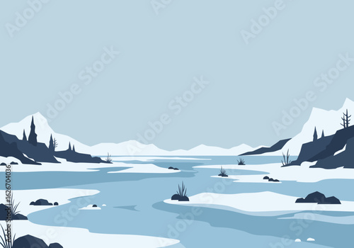 Minimalist Winter Landscape with Frozen River and Mountain Backdrop