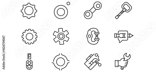 Collection of black and white outlined repair and engineering tools icons