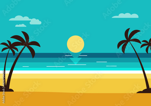 Tropical Beach Sunset with Palm Trees and Calm Ocean