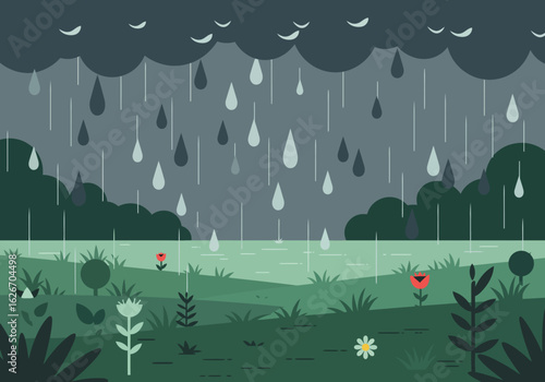 Rainy Landscape Illustration with Flowers and Dark Clouds